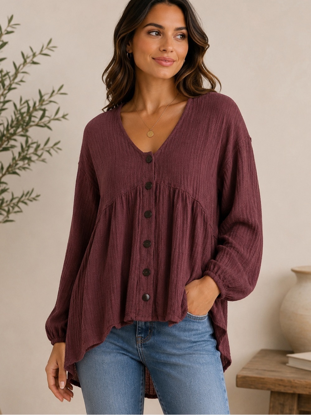 By Together Burgundy Boho-inspired with Babydoll silhouette Top